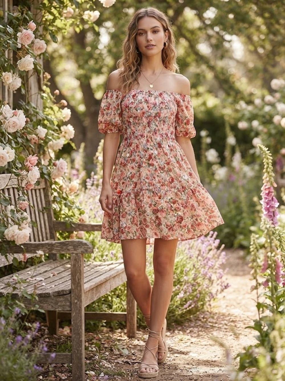 Floral Smocked Kids Dress - Peach Rose Print